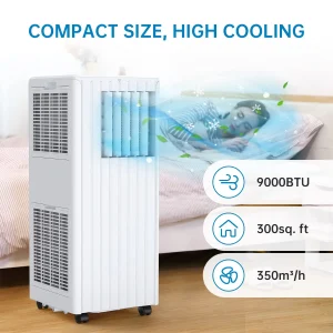 Condizionatore d’aria Mobile, 9000 BTU, raffreddamento, ventilazione e deumidificazione 3 In 1, dimensioni della stanza fino a 75m.