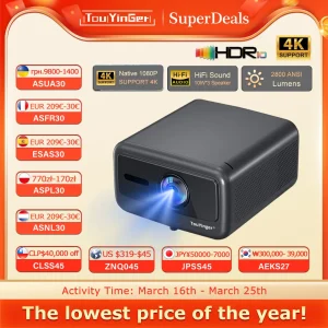 Touyinger Q12W PRO Proiettore Full HD 1080P 4K 2800 ANSI Android 12 Proiettore a fascio cinematografico per video conferenze per l’educazione domestica