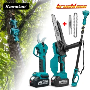 Forbici elettriche senza fili Kamolee Brushless da 50 mm, sega elettrica per rami alti da 6+8 pollici, con prolunga da 2,5 metri e asta telescopica