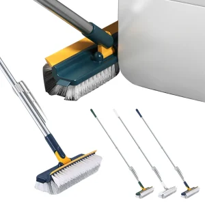 Spazzola per pavimenti 3 in 1 con setole ad angolo retto e raschietto Spazzola per malta con manico lungo Lavapavimenti per doccia per vasca da bagno Pavimento per piastrelle