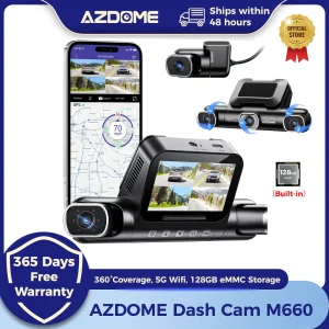 AZDOME 360 °   Dash Cam 4CH M660 2.5K+3*1080P GPS 5G WiFi Registratore Video DVR per Auto con eMMC Integrato da 128GB Visione Notturna Modalità Parcheggio 24H