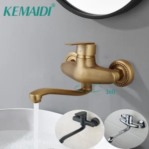 KEMAIDI Rubinetto miscelatore per lavabo da bagno in ottone antico Maniglia singola Montaggio a parete Rubinetto miscelatore per lavabo da bagno ruotato a 360°