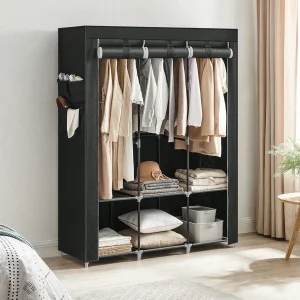 SONGMICS Guardaroba, Armadio Portatile, Porta Abiti con 3 Barra Appendiabiti, Ripiani, 4 Tasche Laterali, 45 x 130 x 167 cm, Grande Capienza per Camera da Letto, Soggiorno, Nero