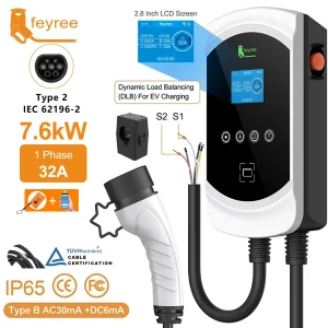 Caricatore EV Feyree con Cavo Tipo 2, 32A 7.6kW, Bilanciamento Dinamico del Carico, Funzione APP EVSE Wallbox, Stazione di Ricarica 11kW 22kW per Auto Elettriche